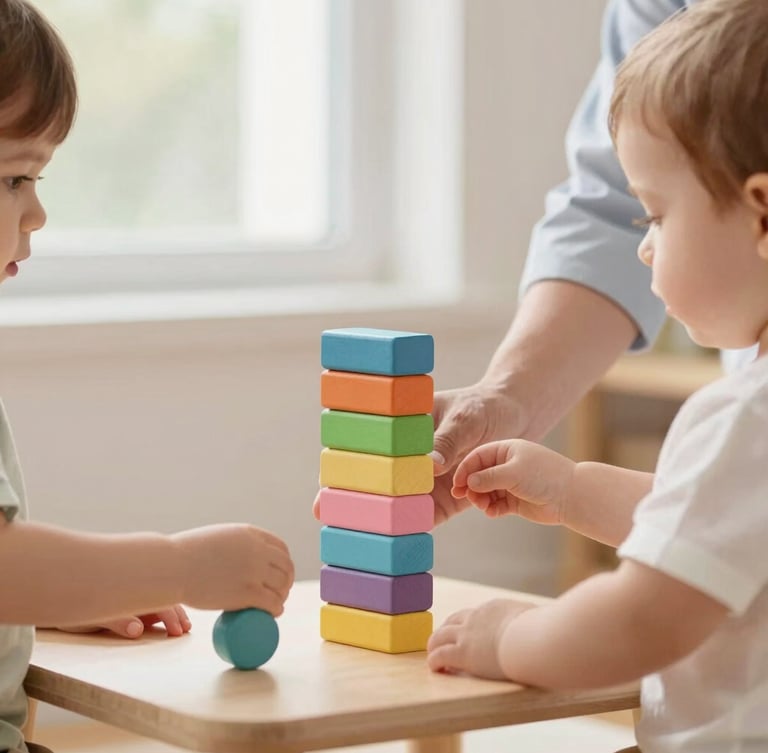 A therapist gently guiding a toddler's hands to stack colorful wooden blocks on a low table, soft natural window light, close-up on hands.