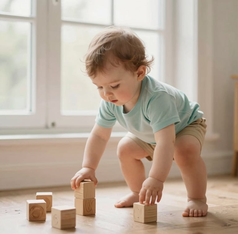A young toddler carefully balancing on low wooden blocks under soft warm window light, candid moment, pastel tones, shallow depth of field, warm editorial photography.