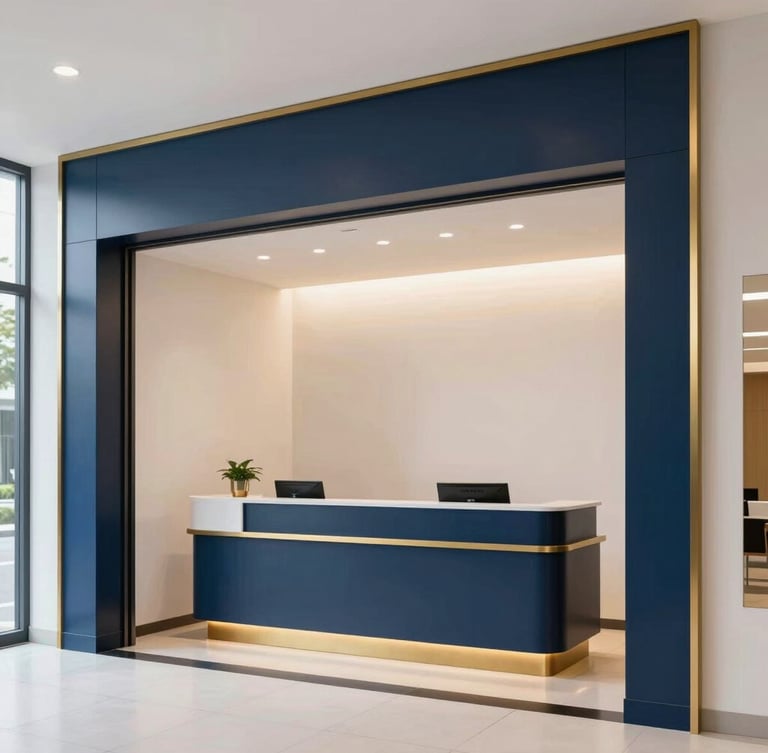 Secure modern hostel entrance lobby, professional reception desk, bright and clean architectural interior, subtle navy and gold accents