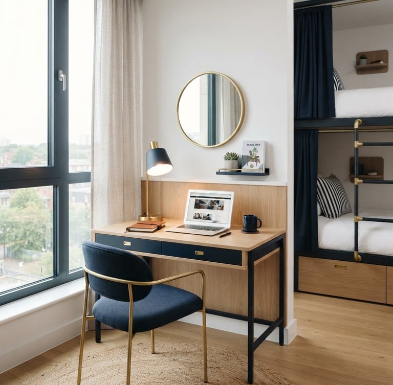 Bright architectural photography of a modern hostel room interior, clean study desk with a lamp, natural window light, navy accents, 35mm.
