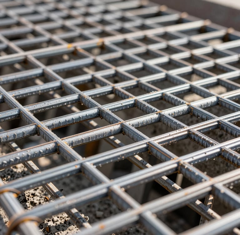 Extreme close-up of a perfectly tied rebar grid before a concrete pour, sharp metallic details under bright midday sun, structural precision.