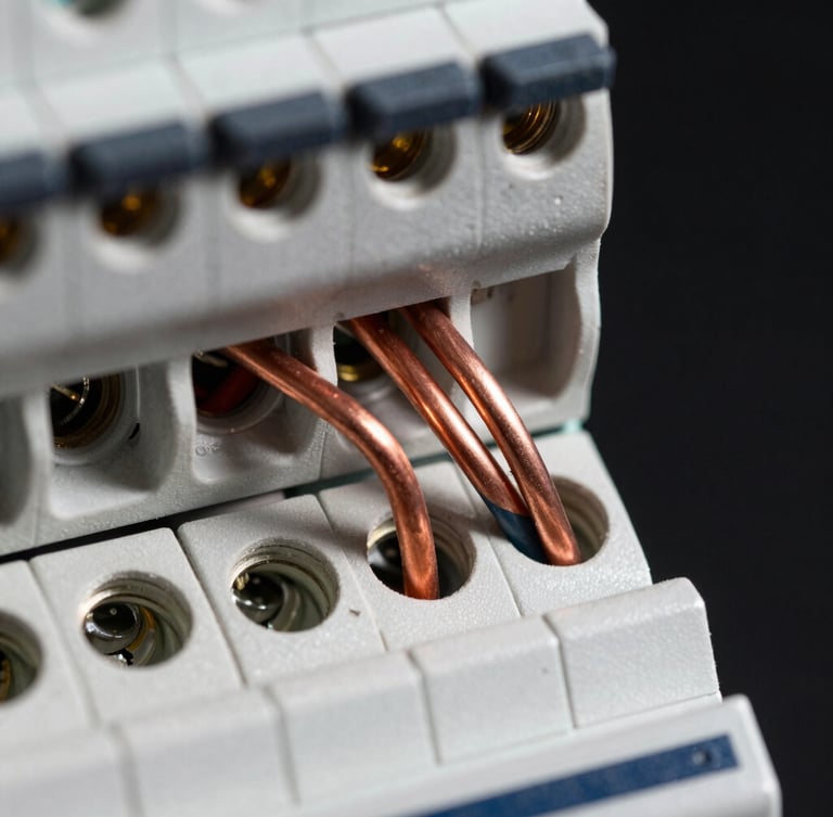 Macro close-up of clean copper wiring running into a brand new, neatly organized electrical breaker panel, sharp industrial photography, bright high-contrast directional light, metallic textures against deep black