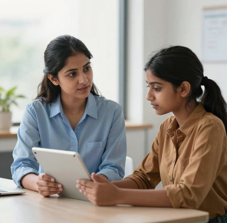 A professional female counselor advising a young Indian student in a bright, modern office with a digital tablet, natural window light, clean background.