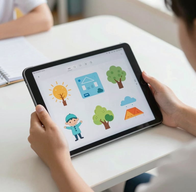 Close up of student hands holding a mobile tablet displaying colorful educational diagrams, bright high-key daylight, clean school desk environment.