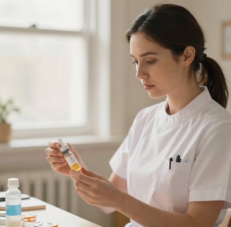 A quiet moment of professional focus as a female nurse prepares medication in a warm home setting, warm editorial photography, soft natural window light, gentle muted tones, shallow depth of field, 35mm