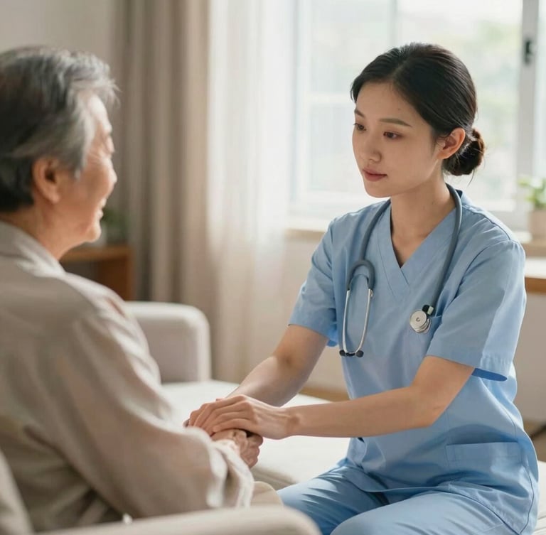 A professional nurse in a soft slate-blue uniform gently checking the pulse of an elderly patient in a warm-toned, sunlit living room, shallow depth of field, 35mm