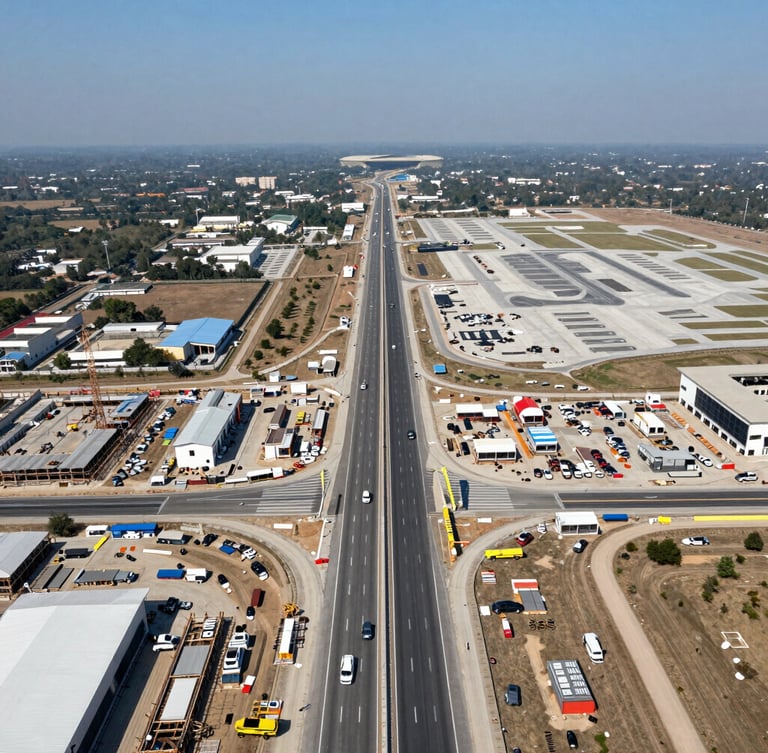 High-resolution aerial drone photography of active highway construction on the Yamuna Expressway corridor, clear bright daylight, wide-angle perspective showing scale and future airport proximity.