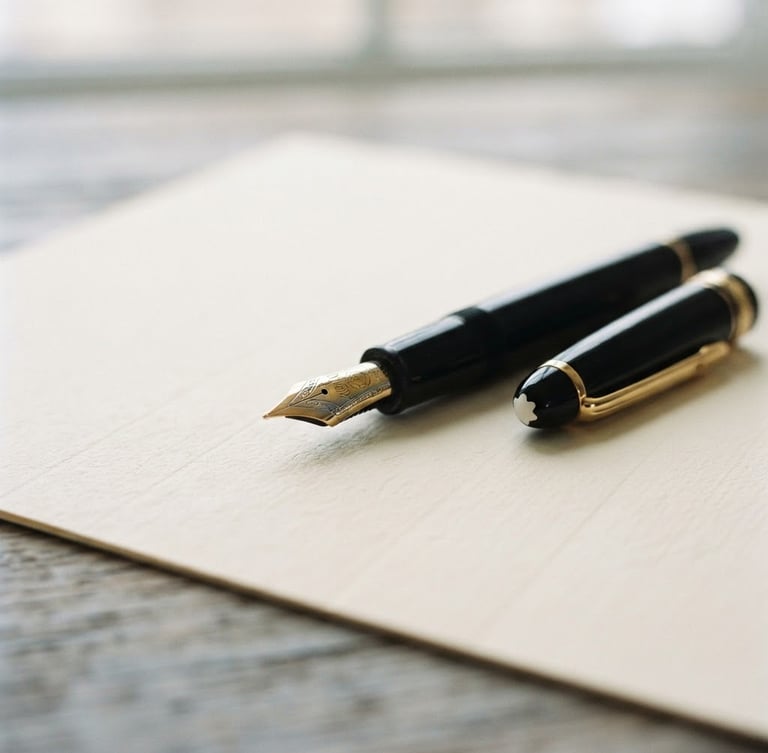 Close-up of a fountain pen resting on a crisp, heavy-weight legal document, soft diffused daylight, warm paper texture, shallow depth of field, 35mm