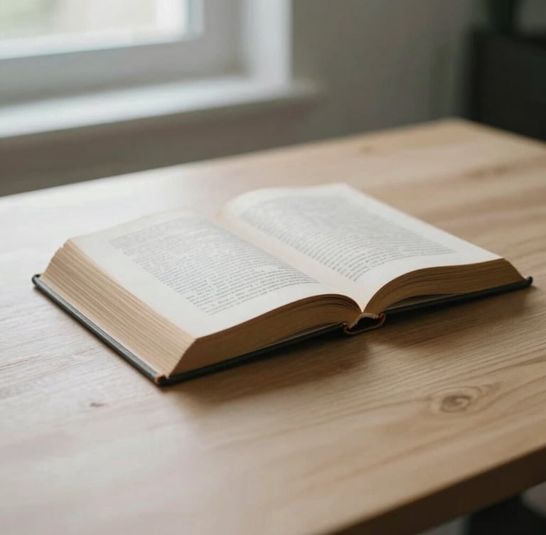 Detail of open vintage law books on a minimalist solid wood desk, soft natural morning light from a window, shallow depth of field, 35mm