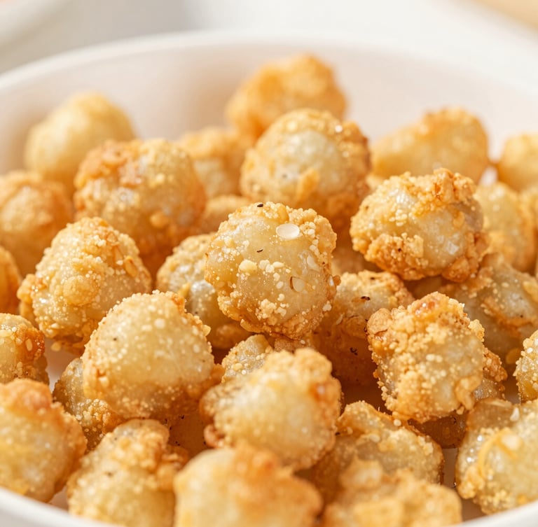 Close-up macro shot of crispy, golden-brown air-fried Soya Crunch scattered over a steaming bowl of noodles, shallow depth of field, natural light