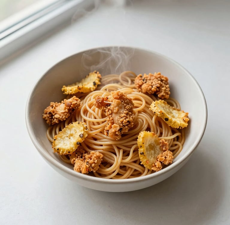 Overhead flat-lay of crispy Chicken Crunch Pickle scattered over a steaming bowl of noodles, natural window light, elegant ceramic bowl, minimalist styling, 50mm