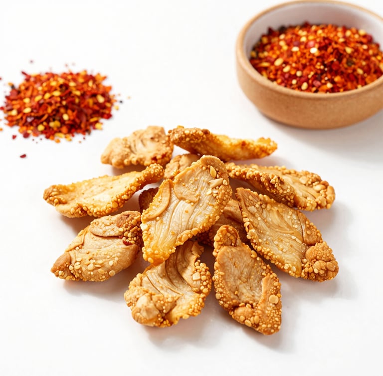 Overhead flat-lay of Chicken Crunch Pickle pieces beside natural spices, red chili flakes, and a small clay bowl, sharp textures, bright side-light