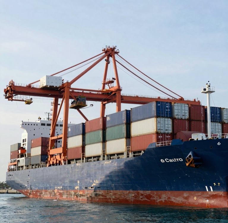 Vista lateral de un buque portacontenedores azul amarrado en un muelle industrial de Miami, grúas pórtico naranjas recortadas contra un cielo despejado de mañana.