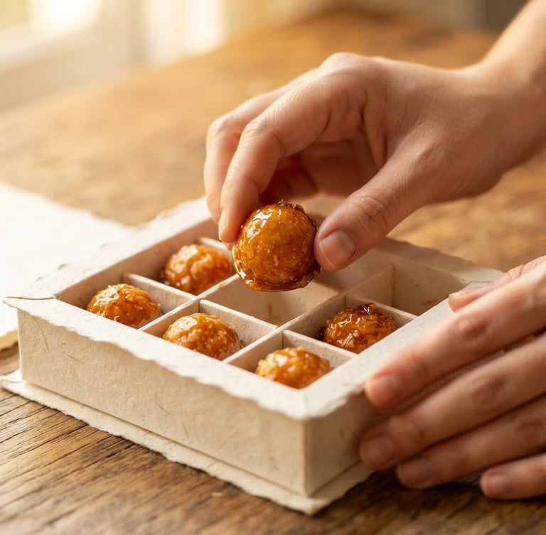 Macro close-up of hands placing glossy caramelized balas baianas into an elegant textured paper box on a rustic wooden table, soft warm kitchen window light, rich golden tones.