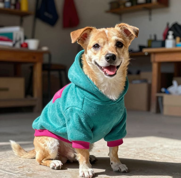 Bright eye-level portrait of a happy small dog wearing a colorful handcrafted teal hoodie, sitting in a sunlit workshop in Celaya, soft natural light, 50mm lens