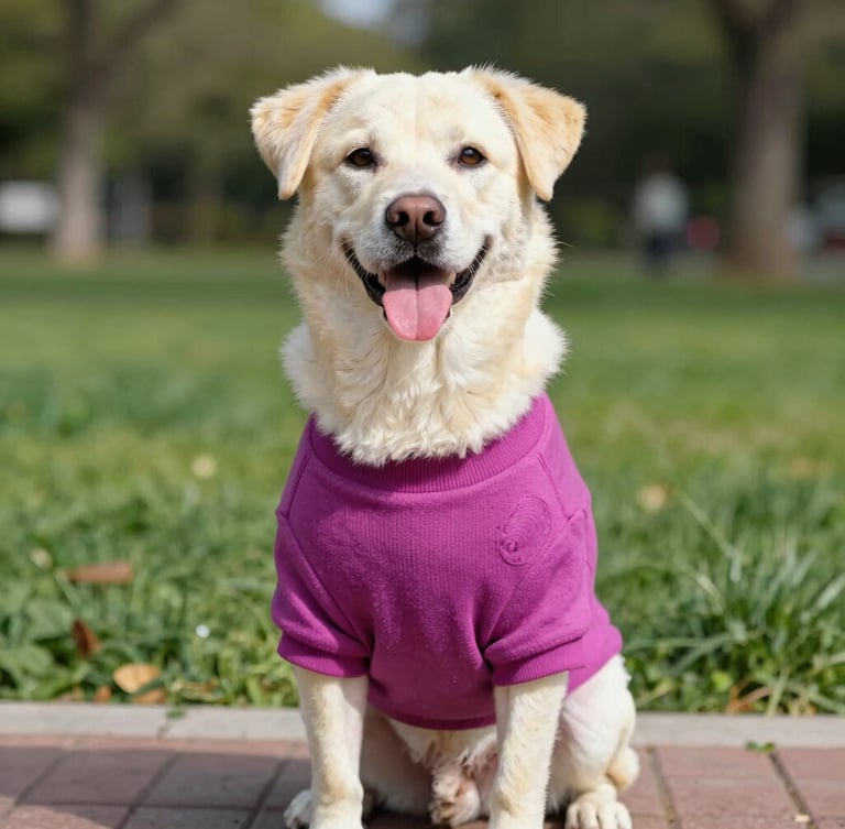 Un perro salchicha feliz posando con un suéter de punto color magenta hecho a la medida exacta, luz natural brillante, fondo de parque suavemente desenfocado.