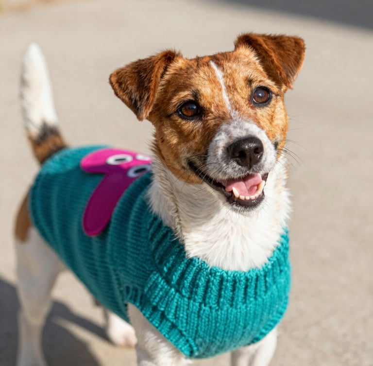 A happy small Jack Russell terrier wearing a colorful custom-fit knitted teal sweater, looking up with bright eyes, close-up shot, warm natural daylight