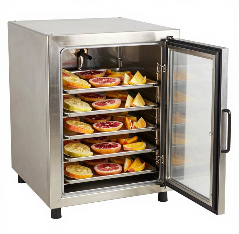 Industrial vacuum freeze dryer with open stainless steel door showing trays of freeze-dried fruits, crisp high-key lighting