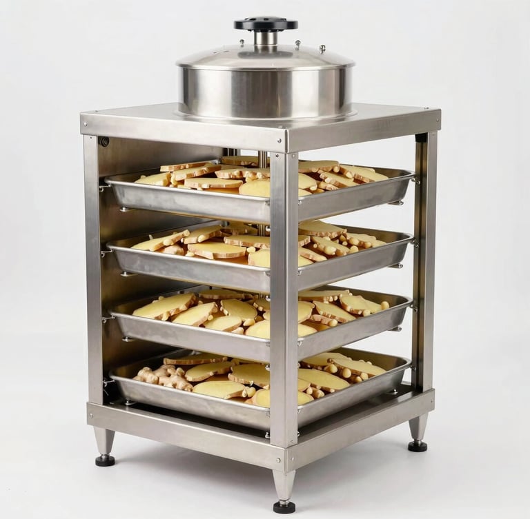 Commercial multi-tier hot air conveyor dryer processing sliced ginger in a clean factory, bright daylight