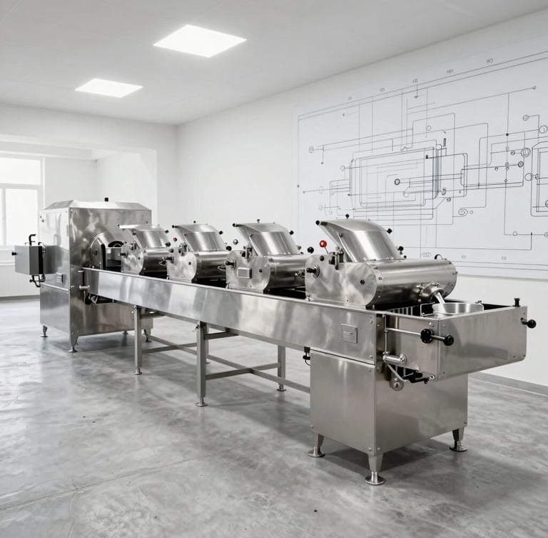 Wide-angle crisp industrial product photography of a complete stainless steel rice milling line inside a bright, modern Indian factory setting, clean concrete floors, technical blueprint overlay details