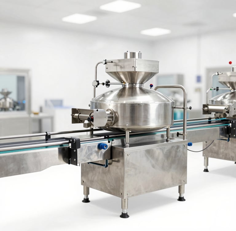 Crisp industrial product photography of a complete stainless steel food processing line in a bright, clean factory setting, showing automated conveyors and high-key lighting.