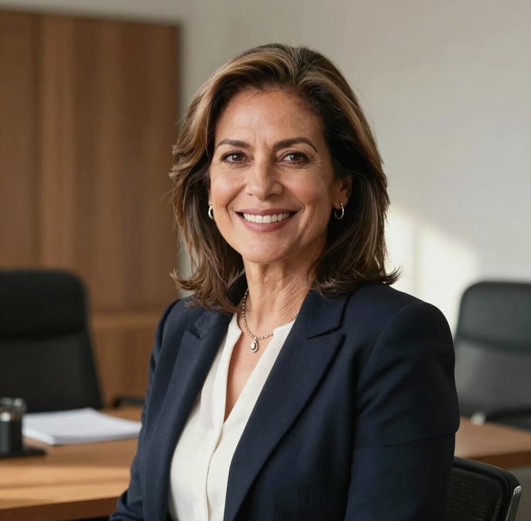 Professional portrait of Gloria Acevedo, a warm and trustworthy Chilean woman in her 50s, smiling, natural sunlight, neutral elegant office background with wood accents