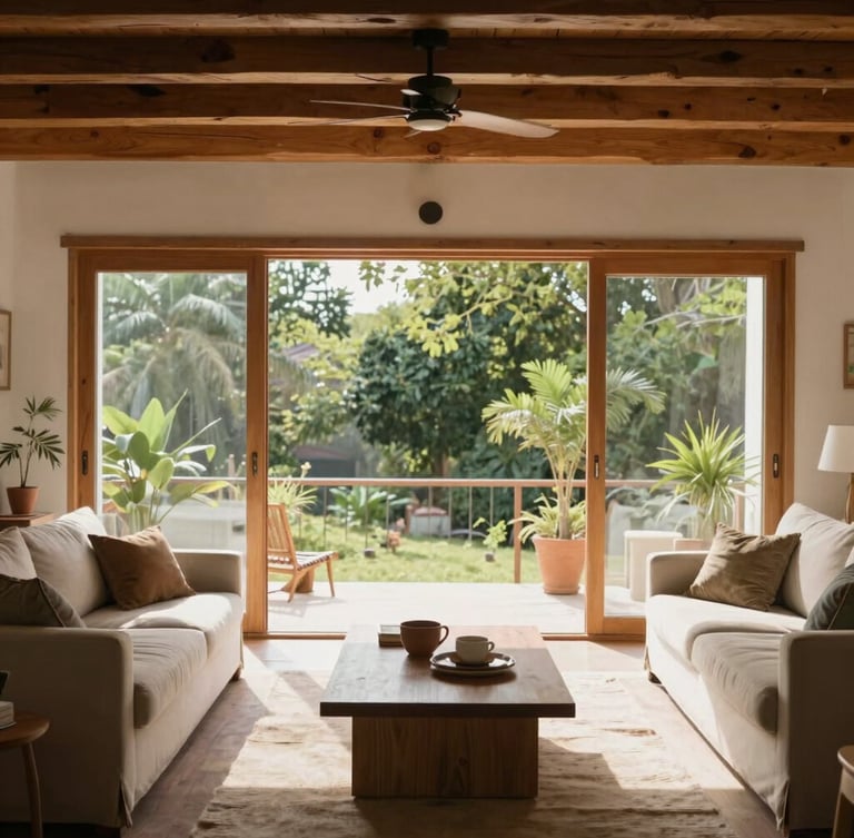 Images/hero_arriendos/interior_san_pedro.jpg: Straight-on architectural photograph of a bright, sunlit living room in San Pedro de la Paz, large windows overlooking green trees, natural wood finishes, warm daylight.