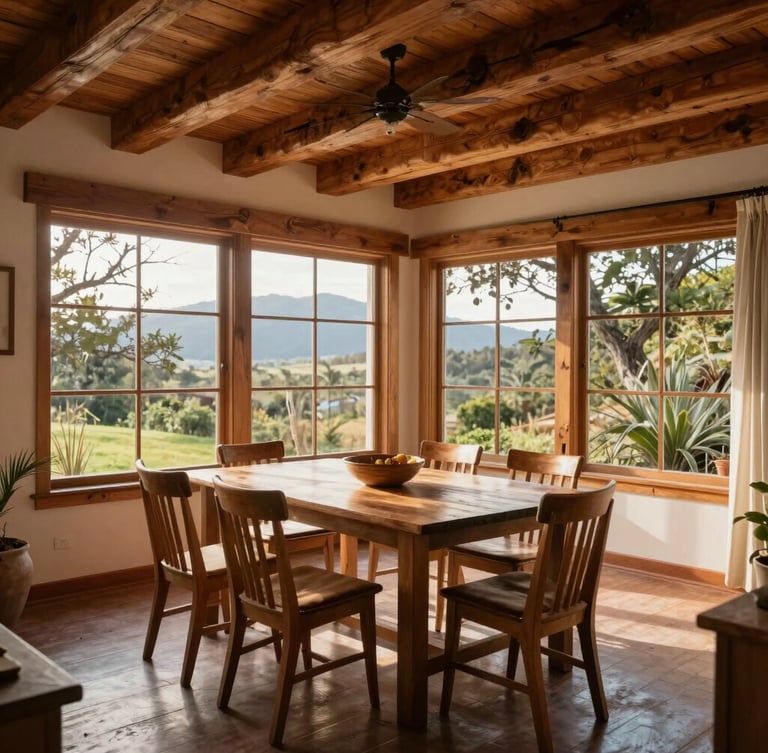 Amplio living comedor con ventanales de piso a techo, vigas de madera a la vista, luz natural de la tarde iluminando el espacio, estilo residencial chileno.