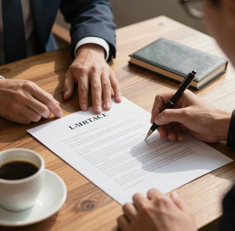 Images/proceso/firma_contrato.jpg: Close-up of hands reviewing a clean lease agreement on a wooden table, warm sunlight, cup of coffee nearby, professional atmosphere.
