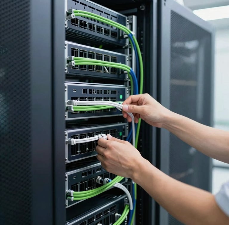 Professional IT engineer configuring a server rack in a modern, well-lit data center, focusing on hands and clean cable management, bright natural daylight, crisp navy and green accents, sharp focus, 35mm
