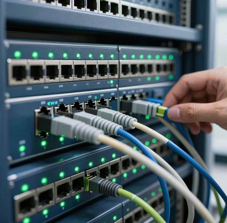 Close-up of a network switch with green indicator lights, cables neatly managed, an IT engineer's hand adjusting a connection in the background, professional technology photography, cool-toned LED lighting, crisp navy and green accents, sharp focus, 35mm