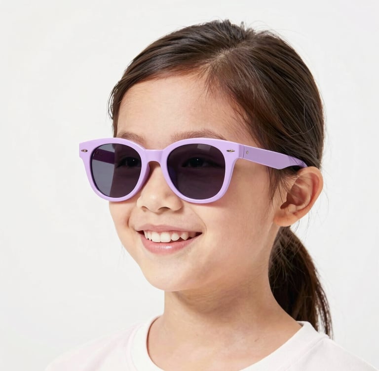 Bright pastel editorial photography of a smiling patient wearing colorful lilac sunglasses, soft high-key studio light, cheerful tones, 35mm lens