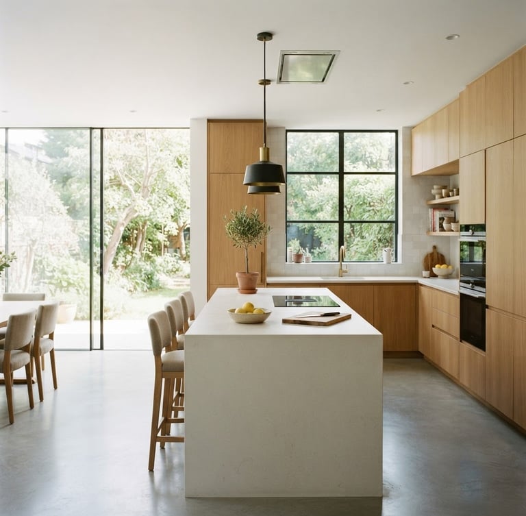 Wide shot of a minimalist luxury kitchen with warm wood cabinetry, clean stone countertops, and bright natural light streaming through large windows, high-end editorial, 35mm lens.