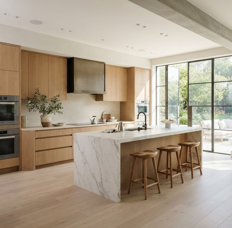 Wide shot of a minimalist luxury kitchen with a large stone island, warm rift-sawn oak cabinetry, and bright natural light streaming from large windows. Architectural composition, soft shadows.