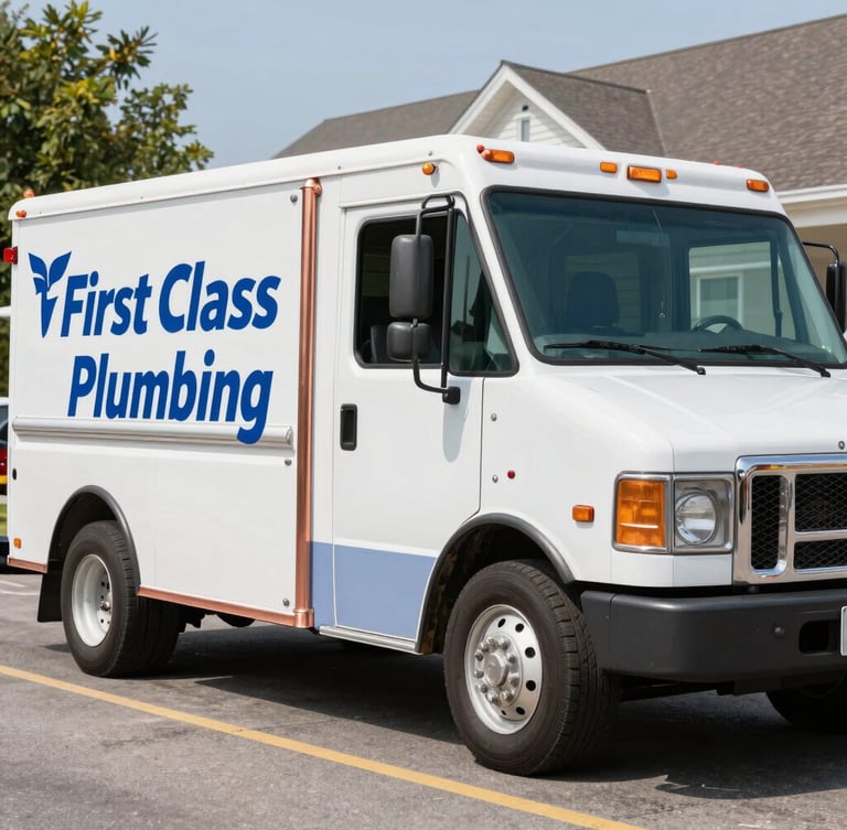 Medium shot of a clean First Class Plumbing service truck parked on a neat street in Newport Kentucky, bright daylight, professional commercial photography, sharp focus