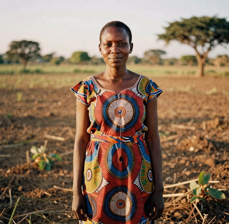 Dignified direct-to-camera portrait of a female African community leader in a vibrant patterned dress, standing proudly in a sunlit agricultural field, warm golden-hour light, warm editorial photography, rich heritage earth tones, 35mm film