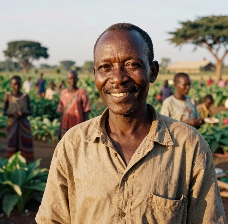 Dignified medium environmental close-up of a Sub-Saharan African community leader smiling warmly, golden-hour sunlight casting rich shadows, vibrant communal garden in the background, 35mm film style
