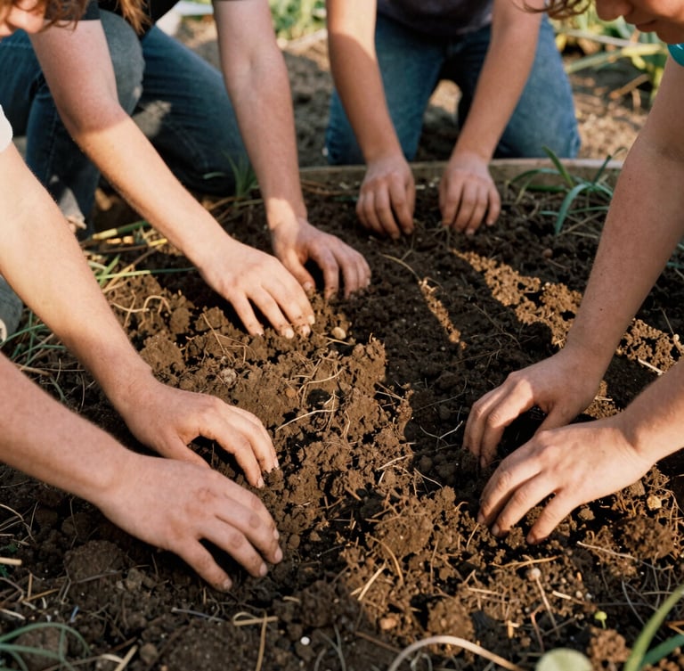 Hands cultivating rich soil in a community garden, warm golden-hour sunlight casting long shadows, authentic collaboration, 35mm film.
