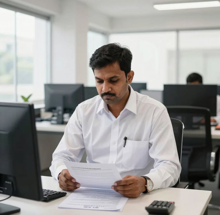 A professional environmental portrait of a Bangladeshi recruitment officer reviewing a signed employment contract in a bright, modern Dhaka office, natural daylight, clean sharp focus, 35mm