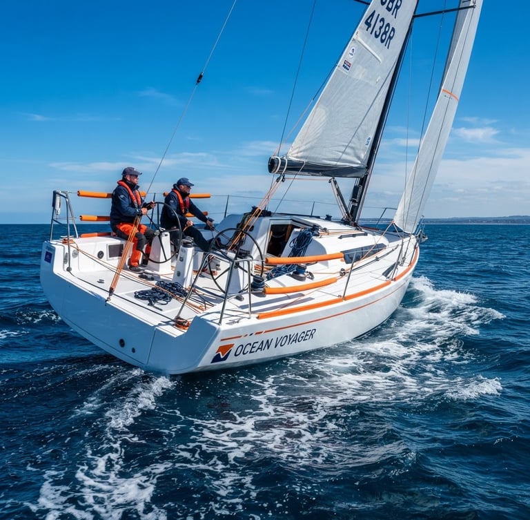 Bright editorial photo of a modern sailboat cutting through deep blue sea under clear sunny daylight, sharp focus on the white hull and safety-orange details.