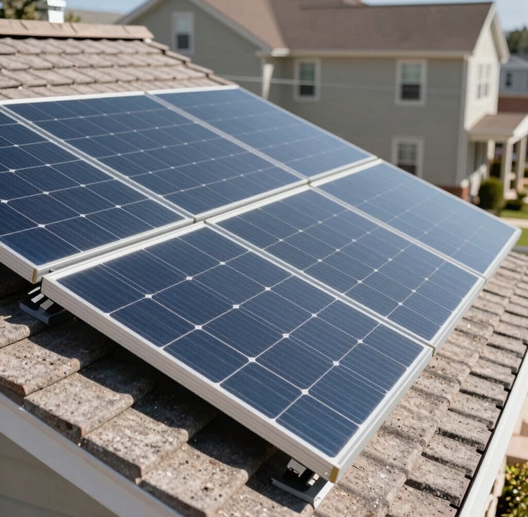 Close-up of clean, modern solar panels installed on a residential roof in Colorado, bright high-contrast daylight, crisp details.