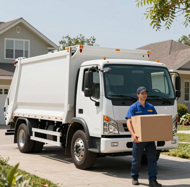A clean, modern junk removal truck parked on a sunny suburban driveway, professional crew member in a clean uniform carrying a cardboard box, bright daylight, medium shot