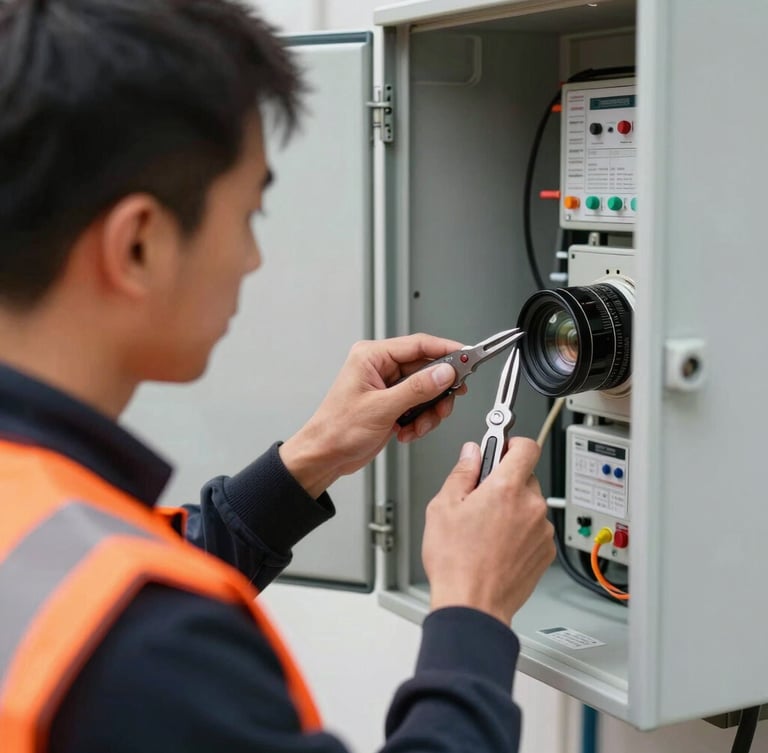 A professional fiber technician in a high-visibility orange vest working on a clean outdoor terminal box, bright daylight, medium close-up, sharp focus on hands holding tools.