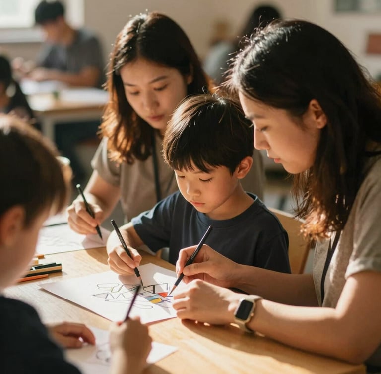 Candid shot of two volunteers and a child collaborating on an art project in a community center, warm natural daylight, shallow depth of field.