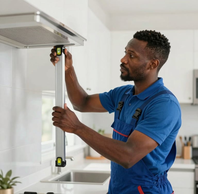 Medium shot of a professional African American installer in a clean uniform executing a precise appliance leveling and hookup inside a modern kitchen, bright natural daylight.