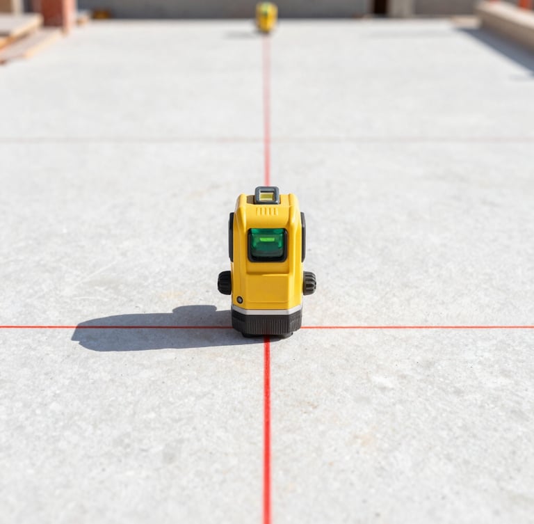 Straight-on close-up of a laser level casting a red line on a perfectly aligned tile joint, professional construction site, bright daylight, 35mm