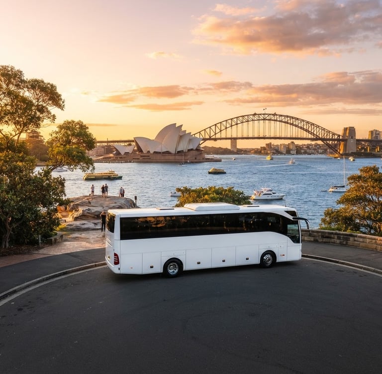 Wide environmental shot of a pristine white luxury charter coach parked at Mrs Macquarie's Chair, Sydney Harbour Bridge in the golden hour background, bright editorial lighting.