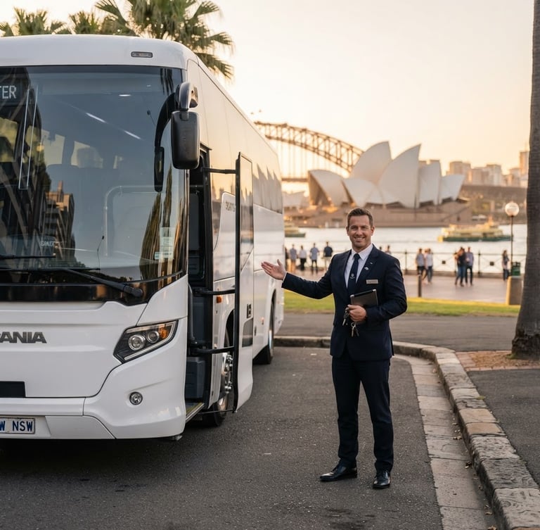 A professional uniformed driver standing beside a pristine modern charter coach, Sydney Opera House visible in the soft-focus background, warm golden hour light