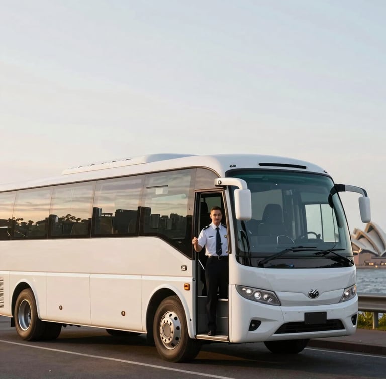 Close-up of a pristine, modern white charter minibus parked at a scenic lookout in Sydney, driver in professional uniform standing welcomingly by the open door, soft morning light.
