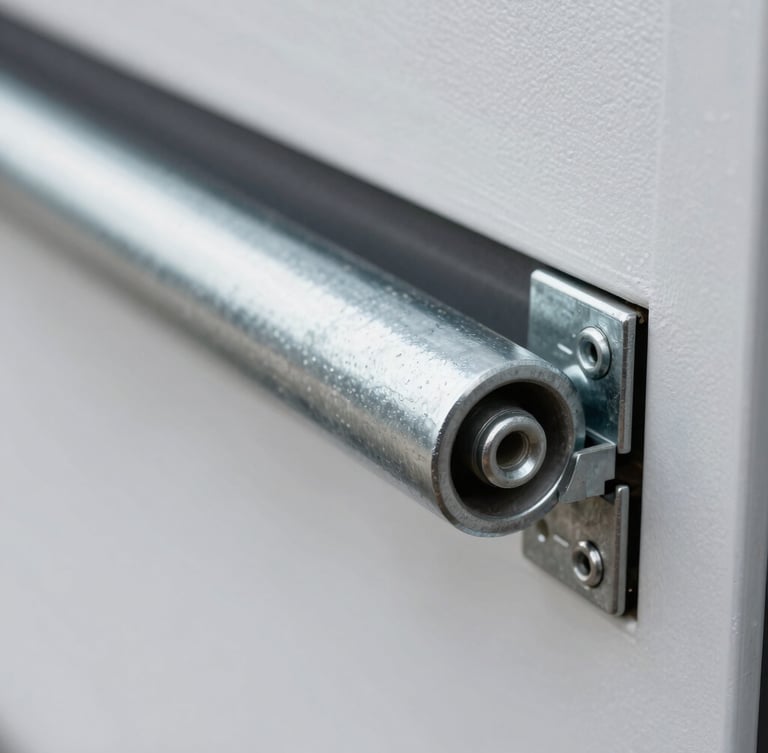 Tight macro shot of heavy-duty galvanized steel rollers and hinges inside a modern garage door, bright overcast daylight, sharp 35mm focus.